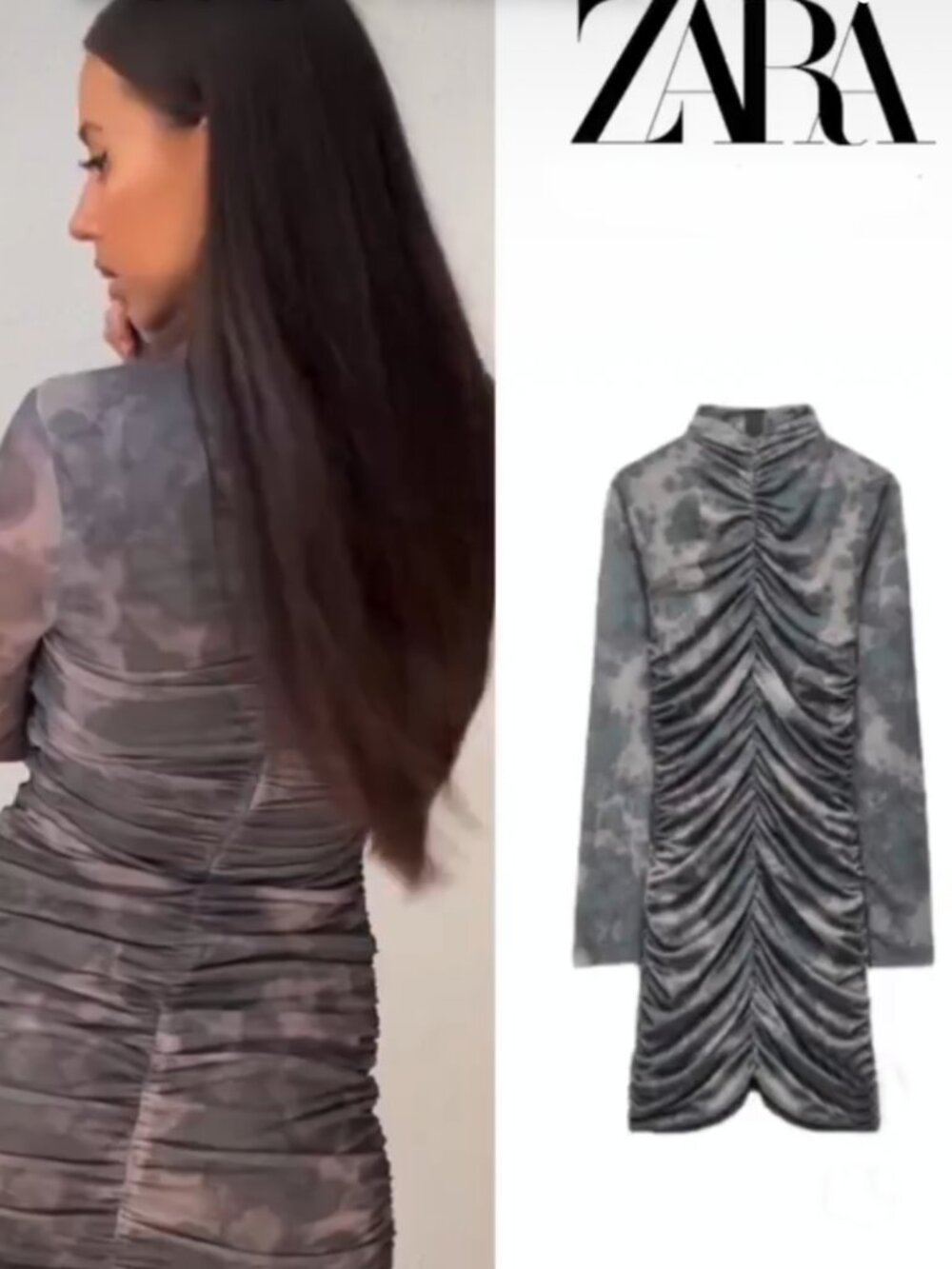 Zara Draped Printed Tulle Bodycon Mini Dress Gray Green Tie Dye Camo Print Med